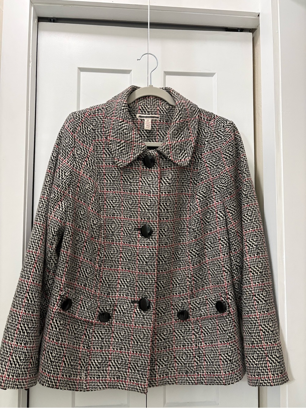 JM COLLECTION Wool-Blend Plaid Peacoat Jacket Black & Cream with Pink Accents